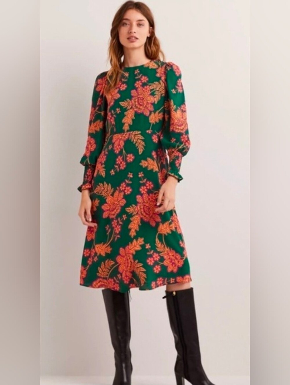 Boden Emerald Green Midi Dress with Coral Floral Print - Size 16/18R